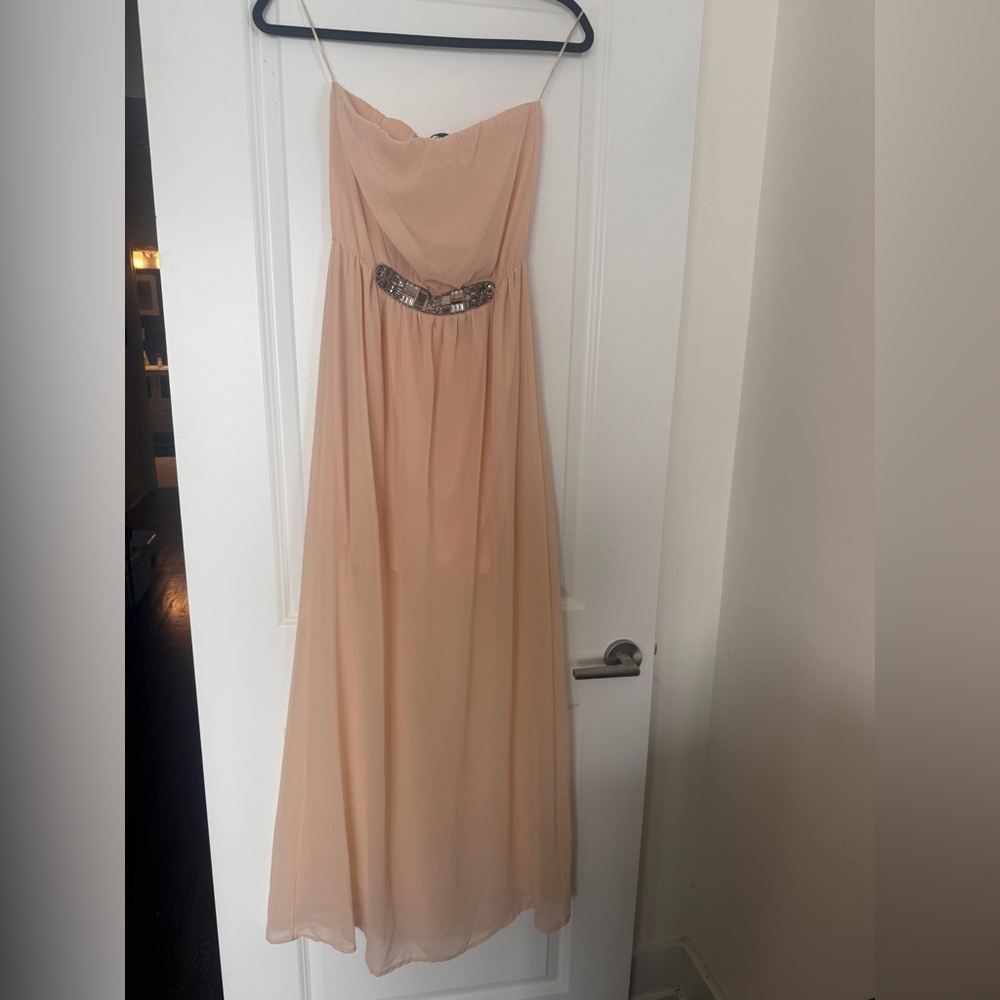 Zara Strapless Dress in Soft Peach with Embellished Waist S